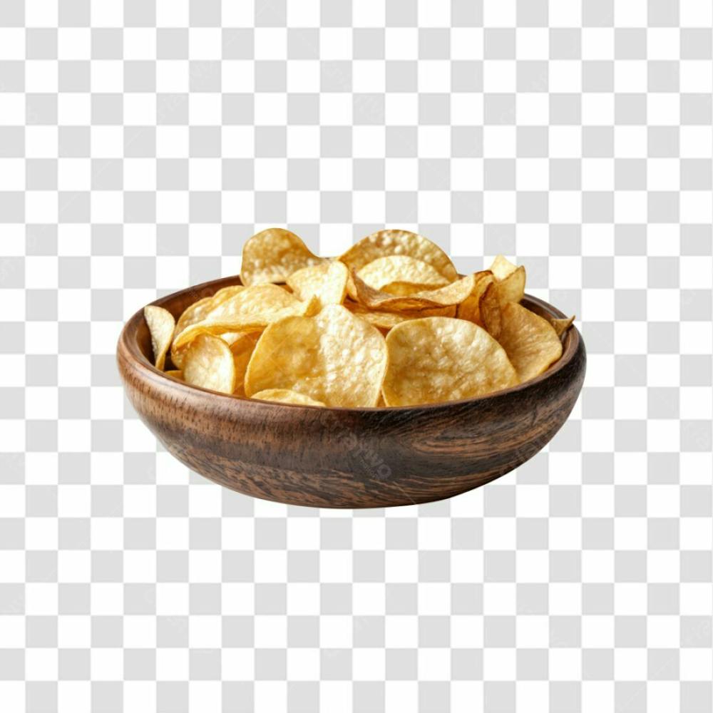Imagem Ia Gamela De Madeira Com Batatra Chips Redonda Crocante E Com Fundo Transparente
