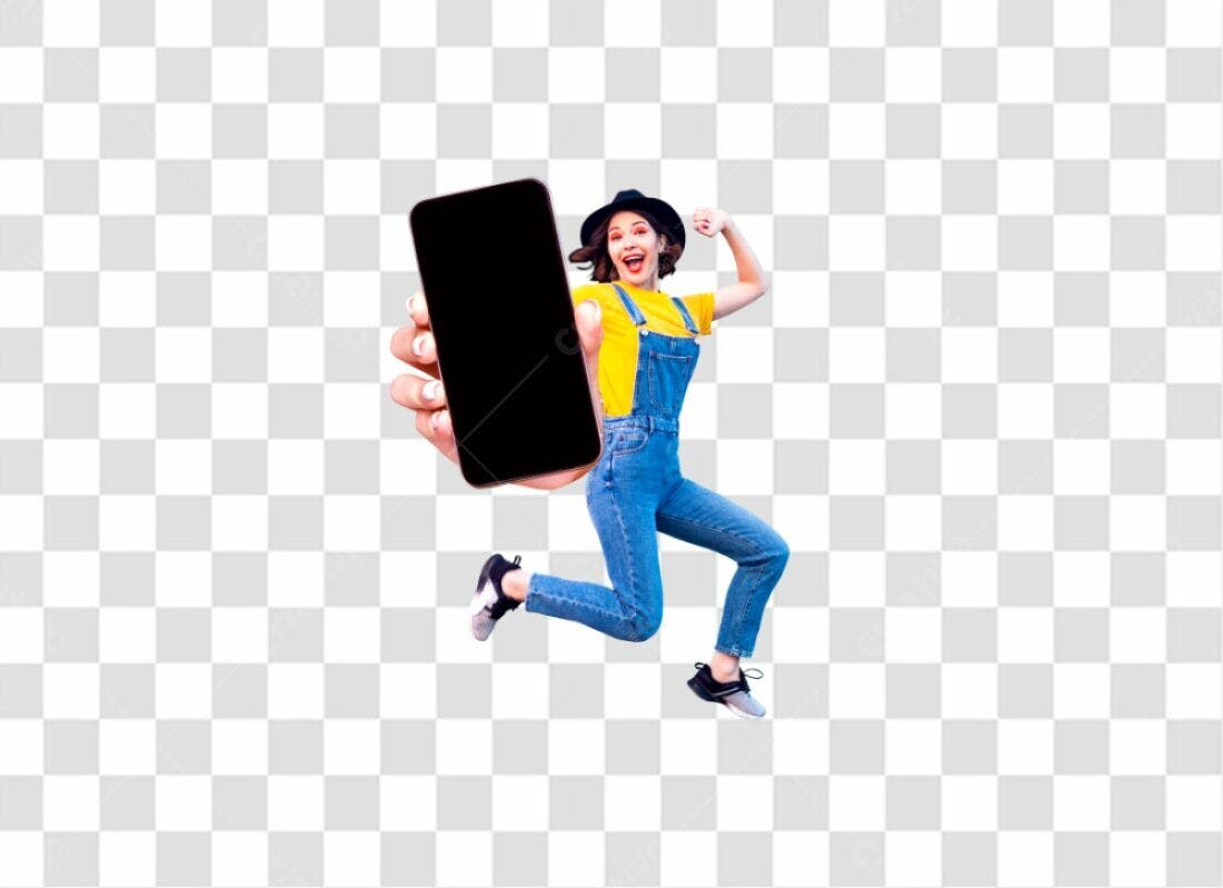 Icone Mulher pulando com celular PNG com fundo transparente