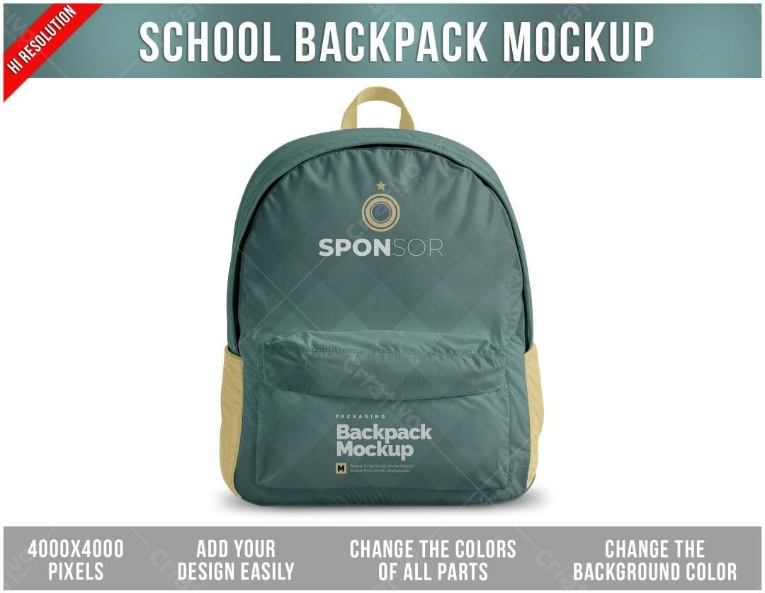 Mockup de Mochila Escolar Verde-Escuro e Bege