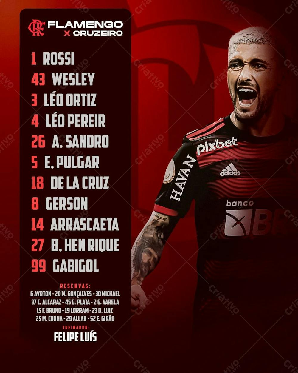 Flyer Futebol Flamengo Arrascaeta Escalção Feed Psd