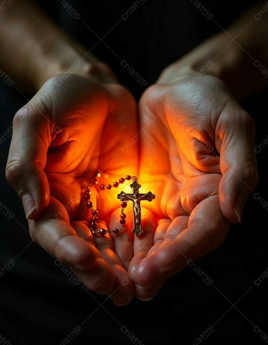 Mãos segurando crucifixo e terço iluminados