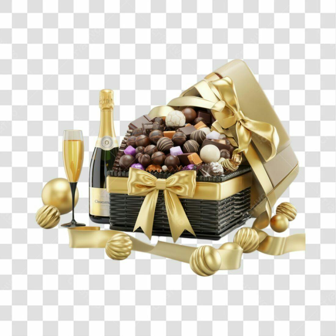 Imagem cesta de chocolates e champanhe PNG com fundo transparente