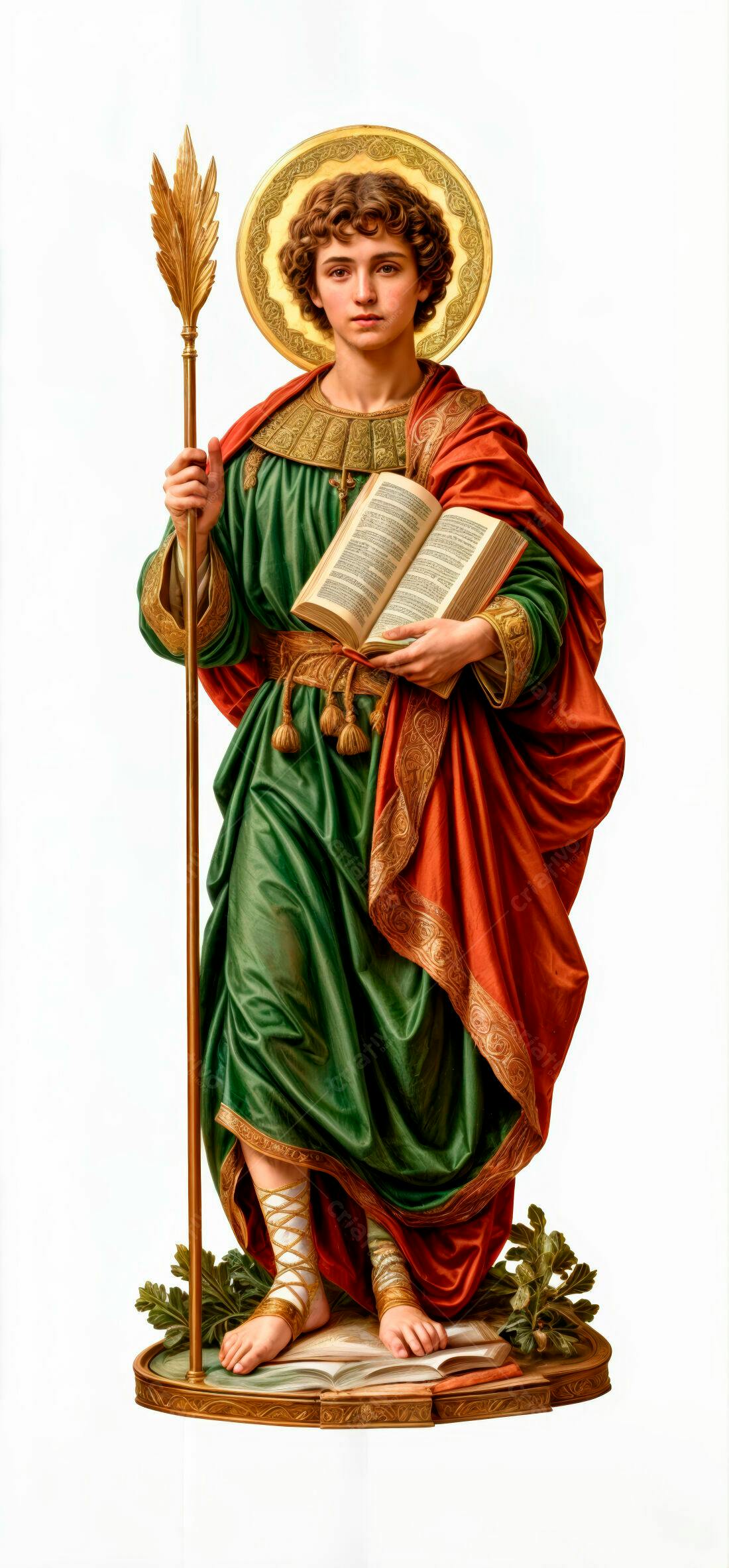 Santo menino com livro e cajado verde e vermelho