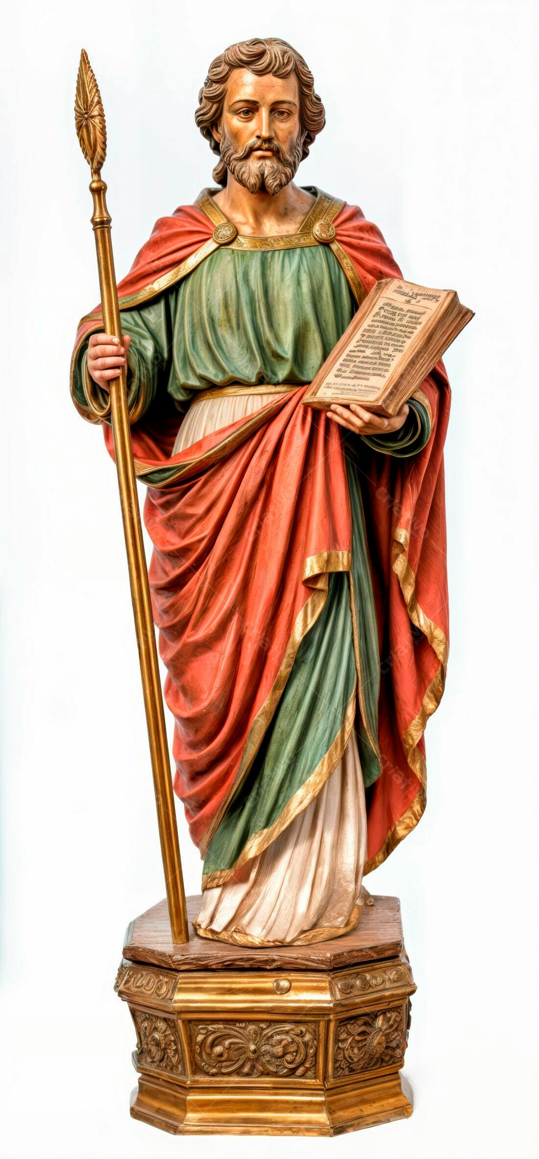 Estátua de Santo com livro e cajado