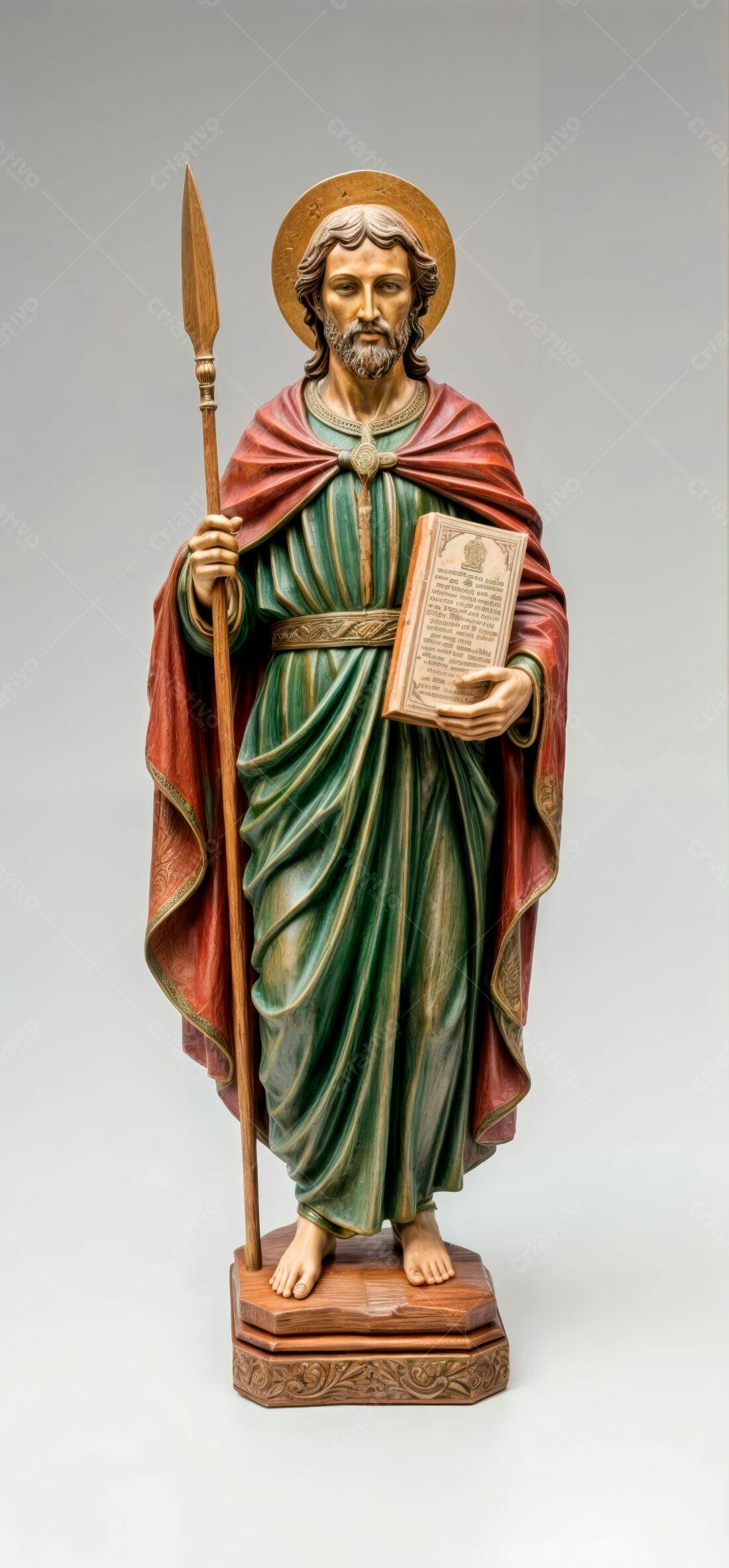 Estátua de São Mateus em tons verdes e vermelhos