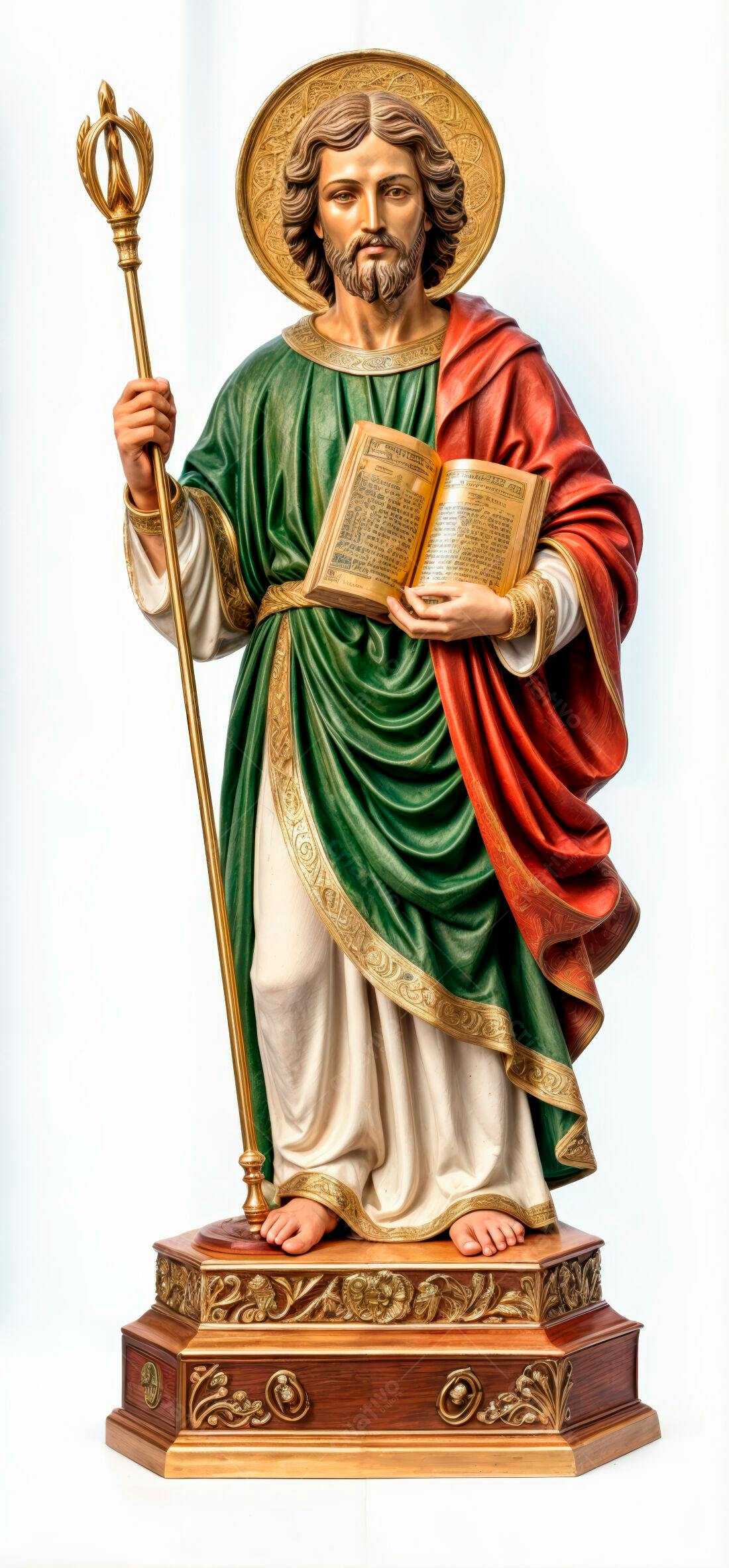 Estátua de São Mateus livro verde e vermelho