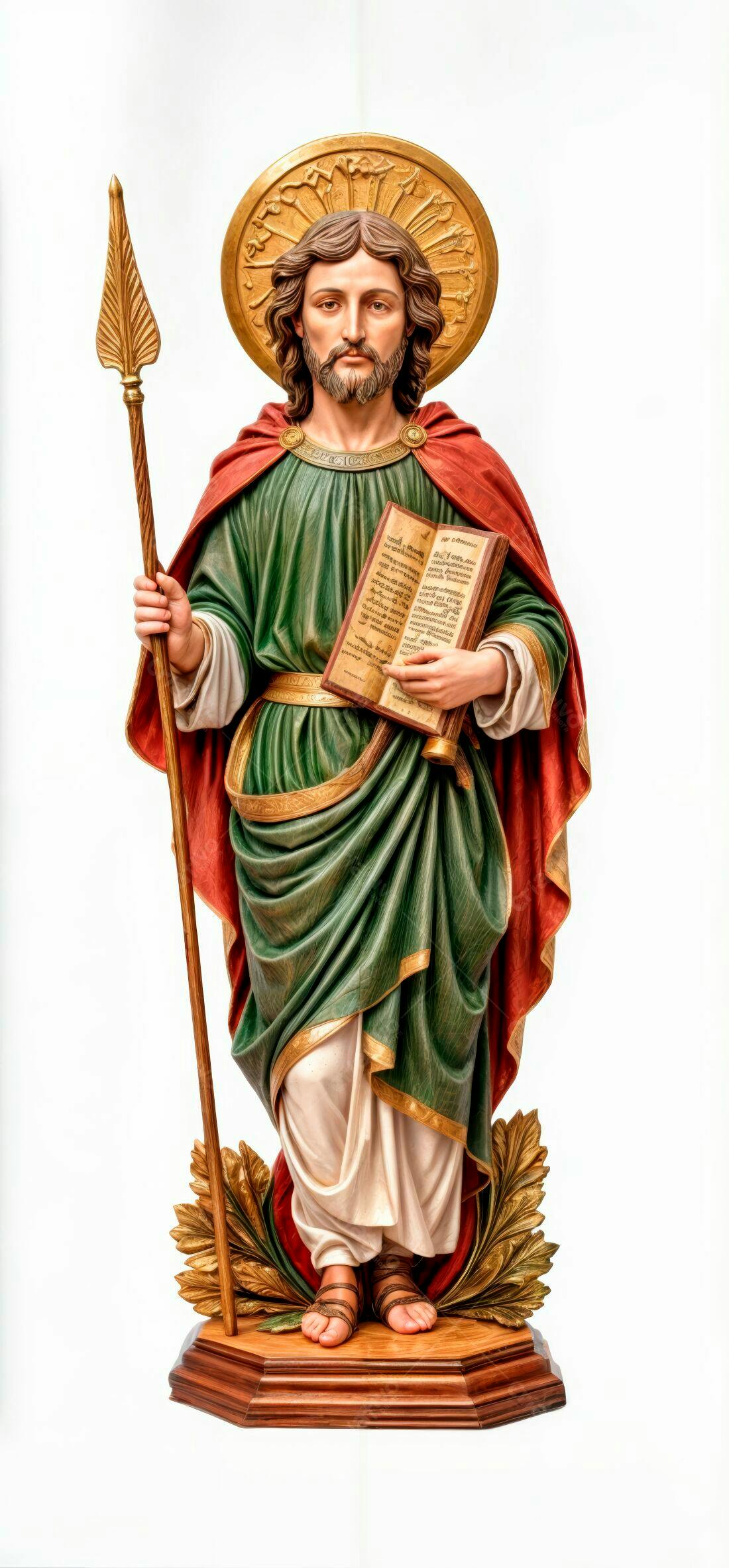 Estátua de São Mateus segurando livro e lança