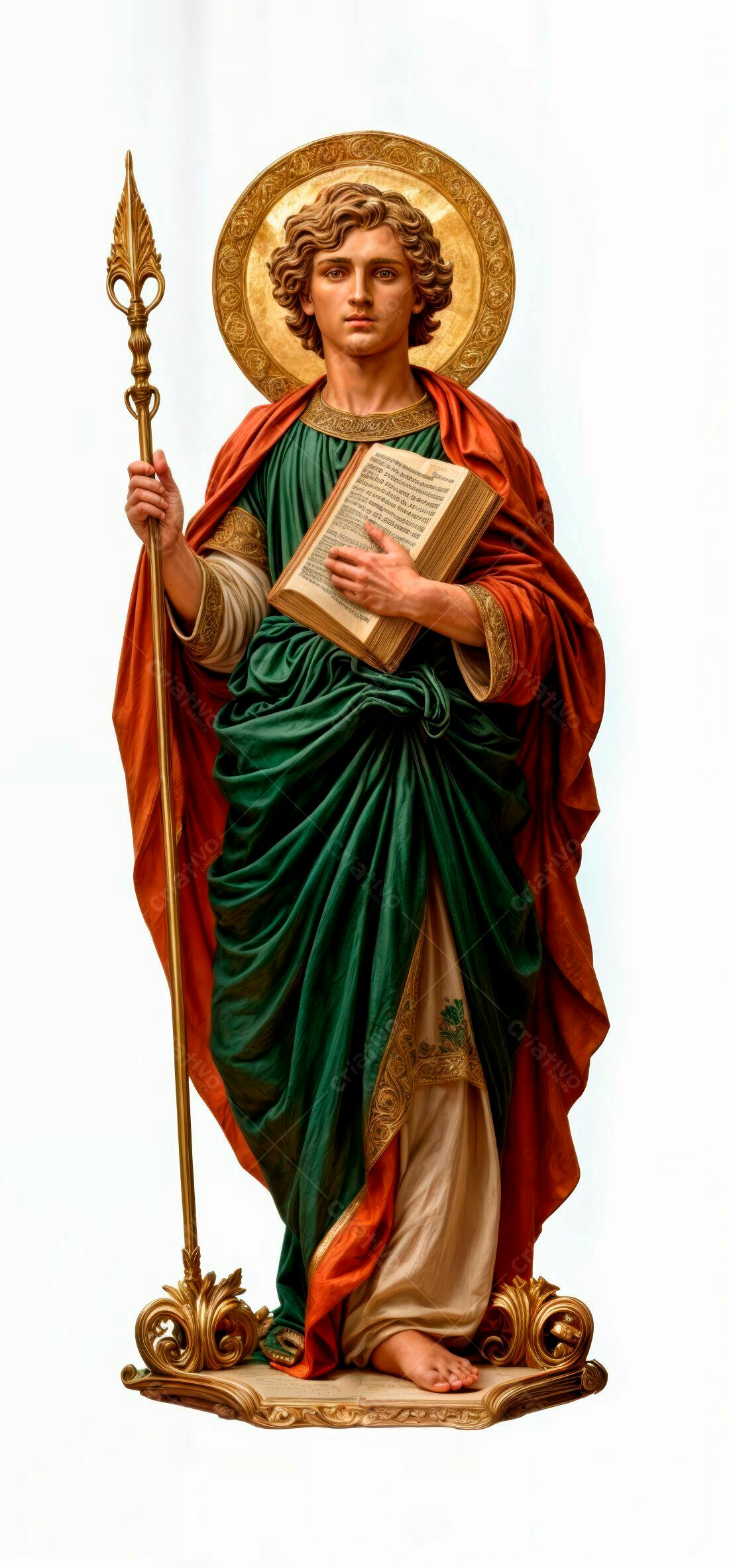 Estátua de São Mateus segurando livro e cajado
