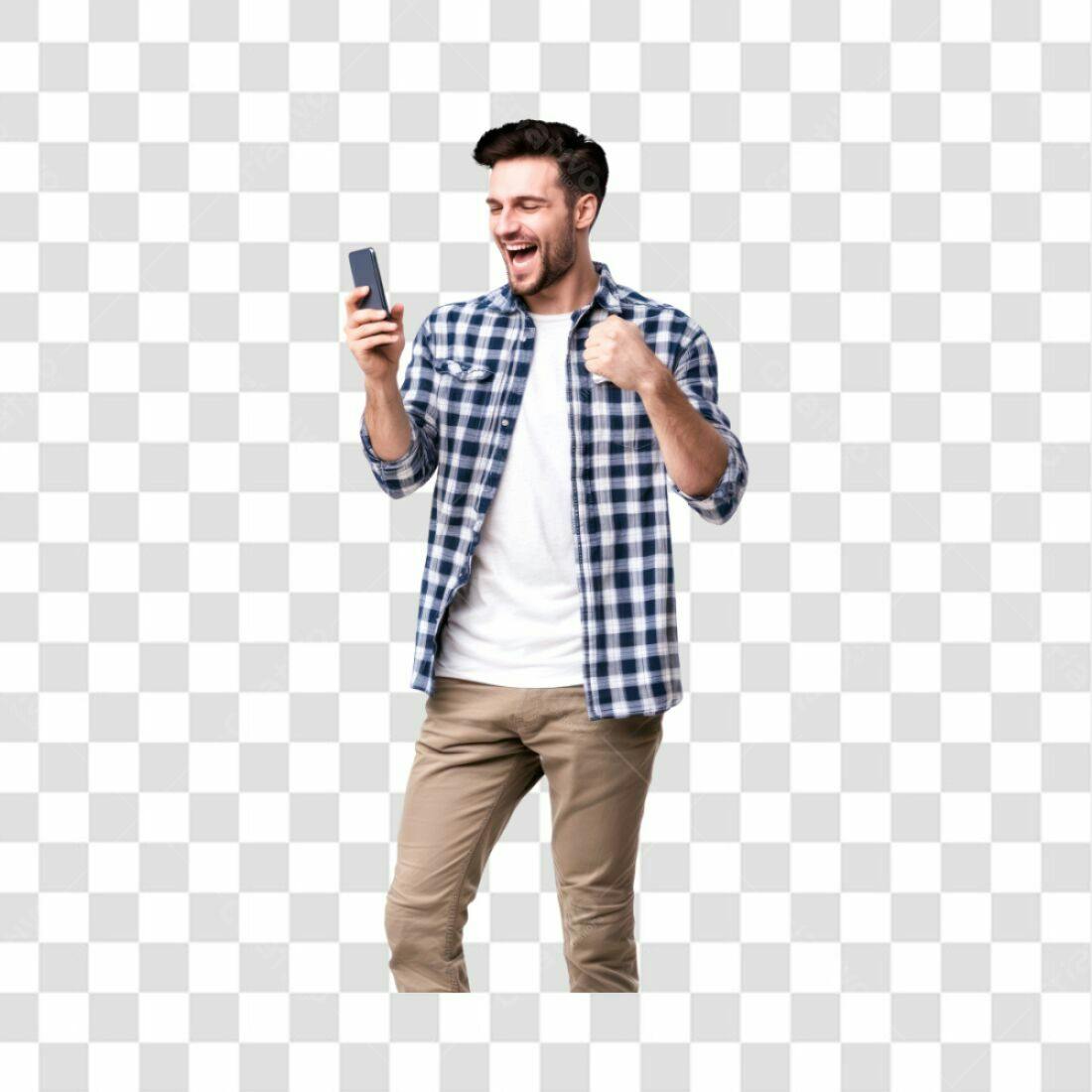 Imagem PNG Homem Feliz com Celular fundo transparente