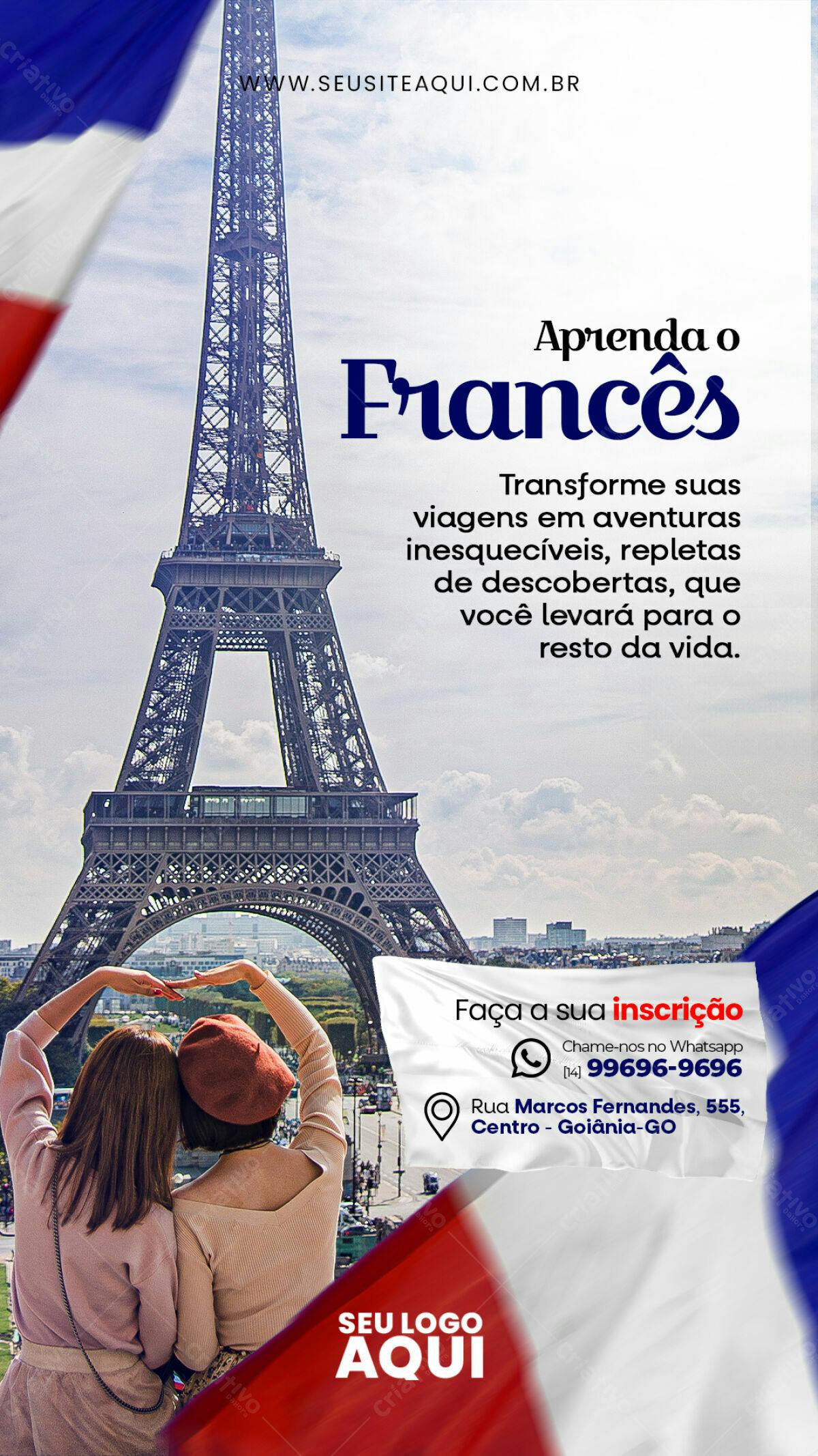 Flyer Curso Francês com Torre Eiffel PSD Editável