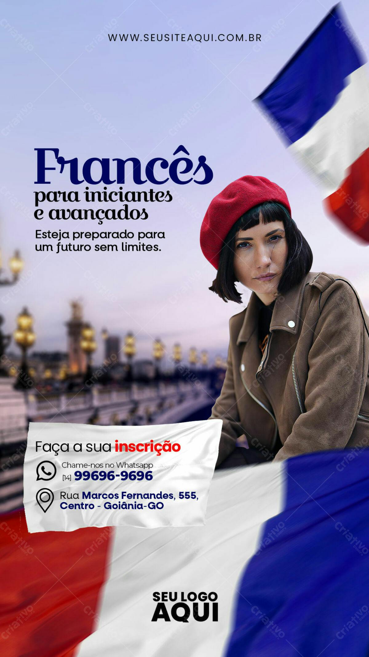 Flyer Curso Francês para Iniciantes e Avançados PSD Editável
