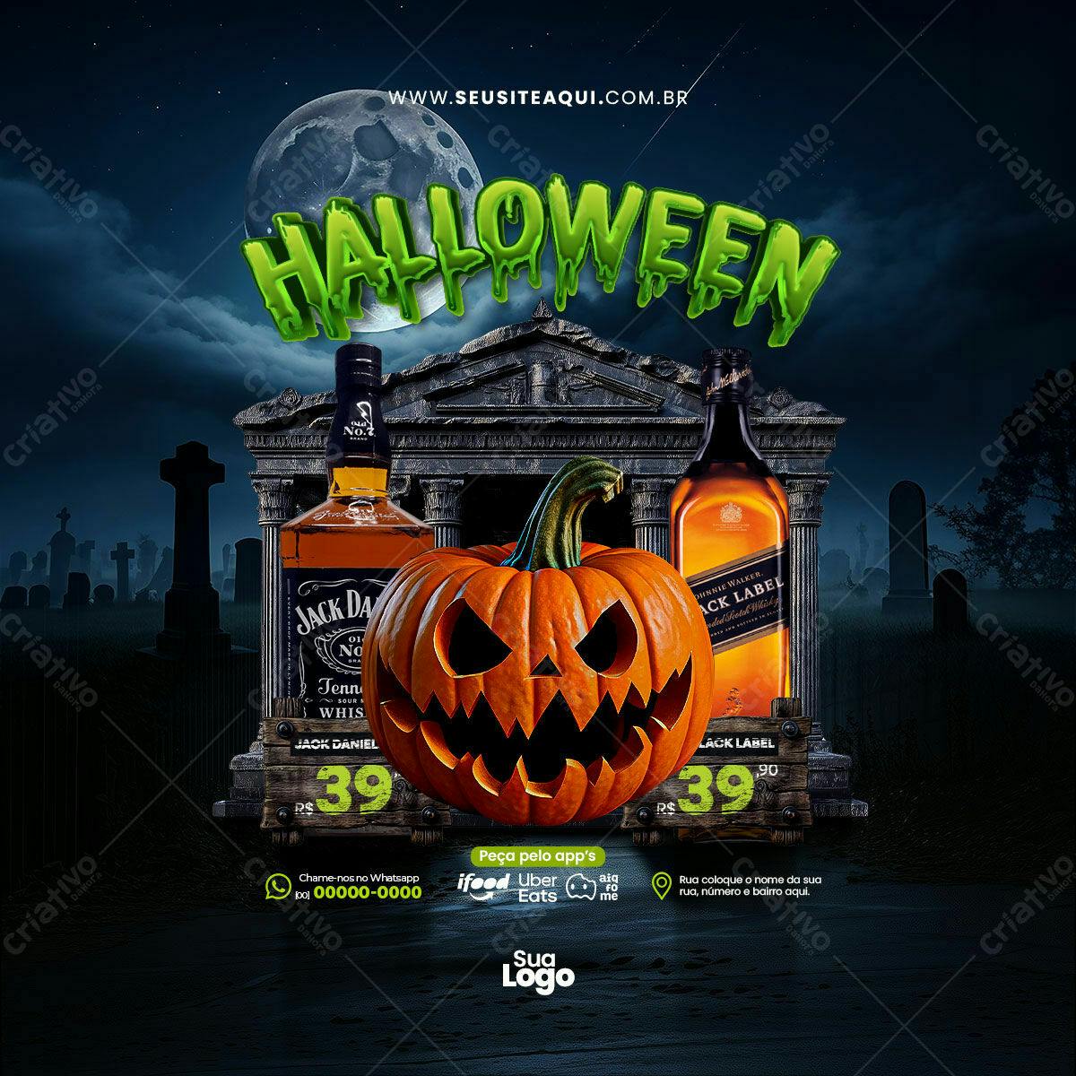 Flyer de Halloween com Abóbora, Garrafas e Cemitério PSD Editável