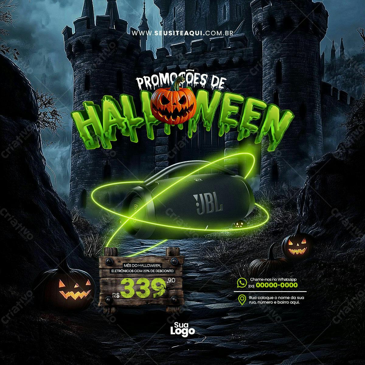 Flyer Halloween com Promoção de Eletrônicos PSD Editável