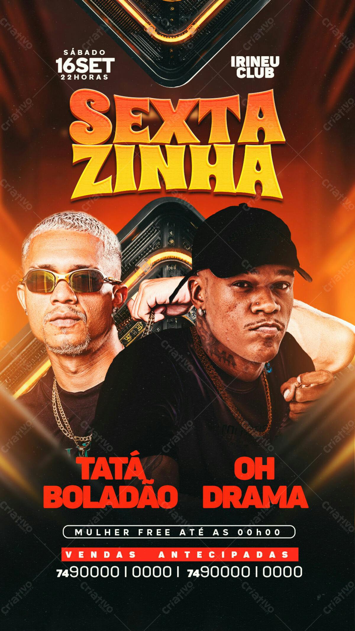 Flyer Festa Sexta Zinha com Tatá Boladão e Oh Drama PSD Editável