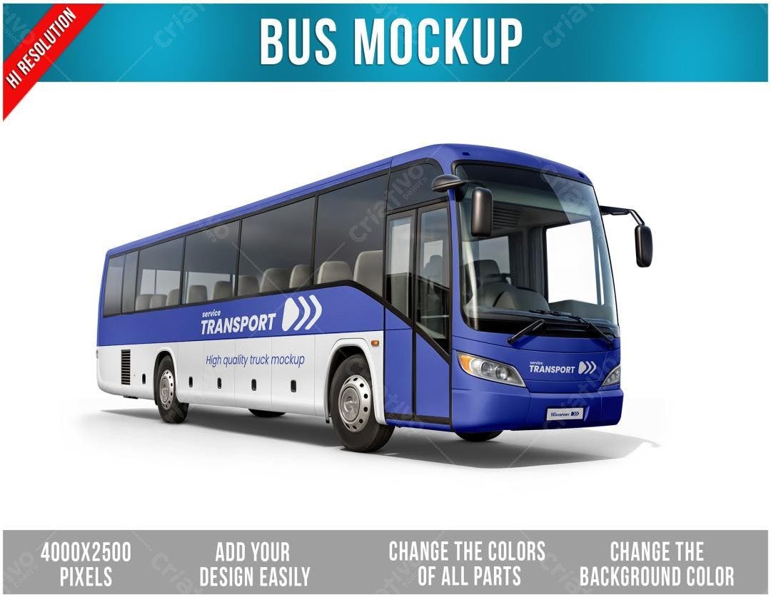 Mockup de Ônibus Realista: Azul e Branco para Design de Transporte