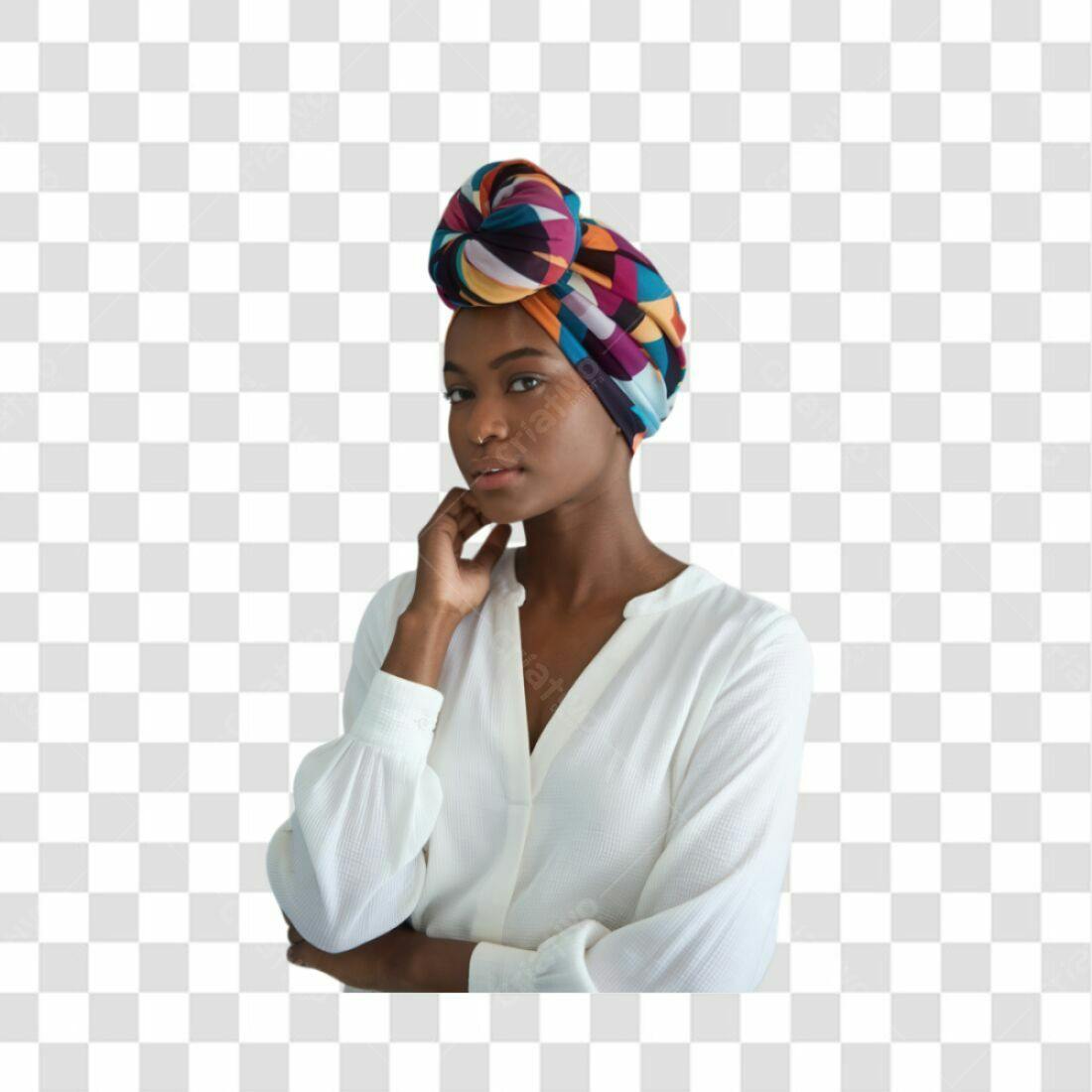 Imagem PNG Mulher Negra com Turbante colorido fundo transparente