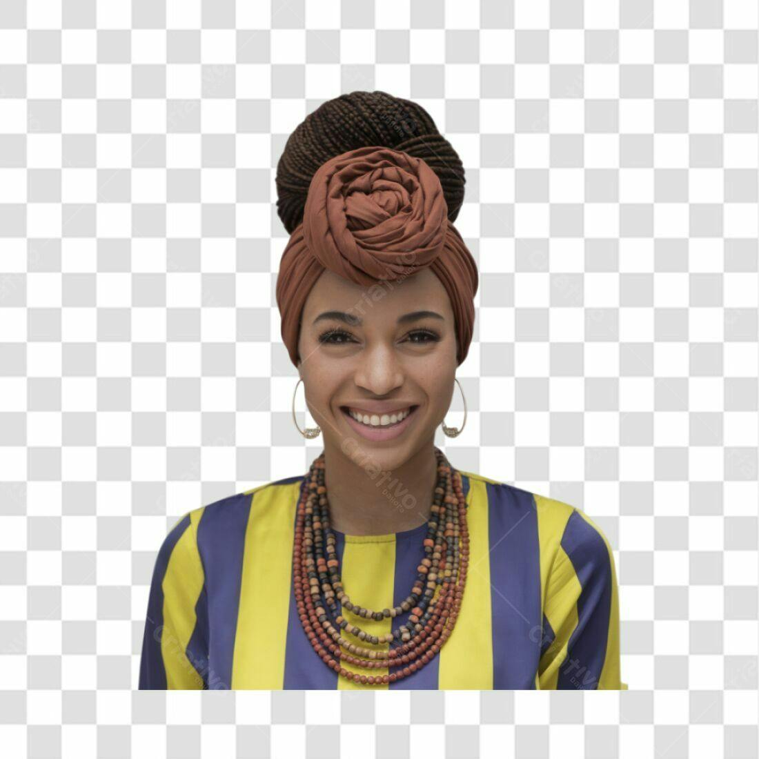 Imagem PNG de Mulher Negra com Turbante Marrom e Fundo Transparente