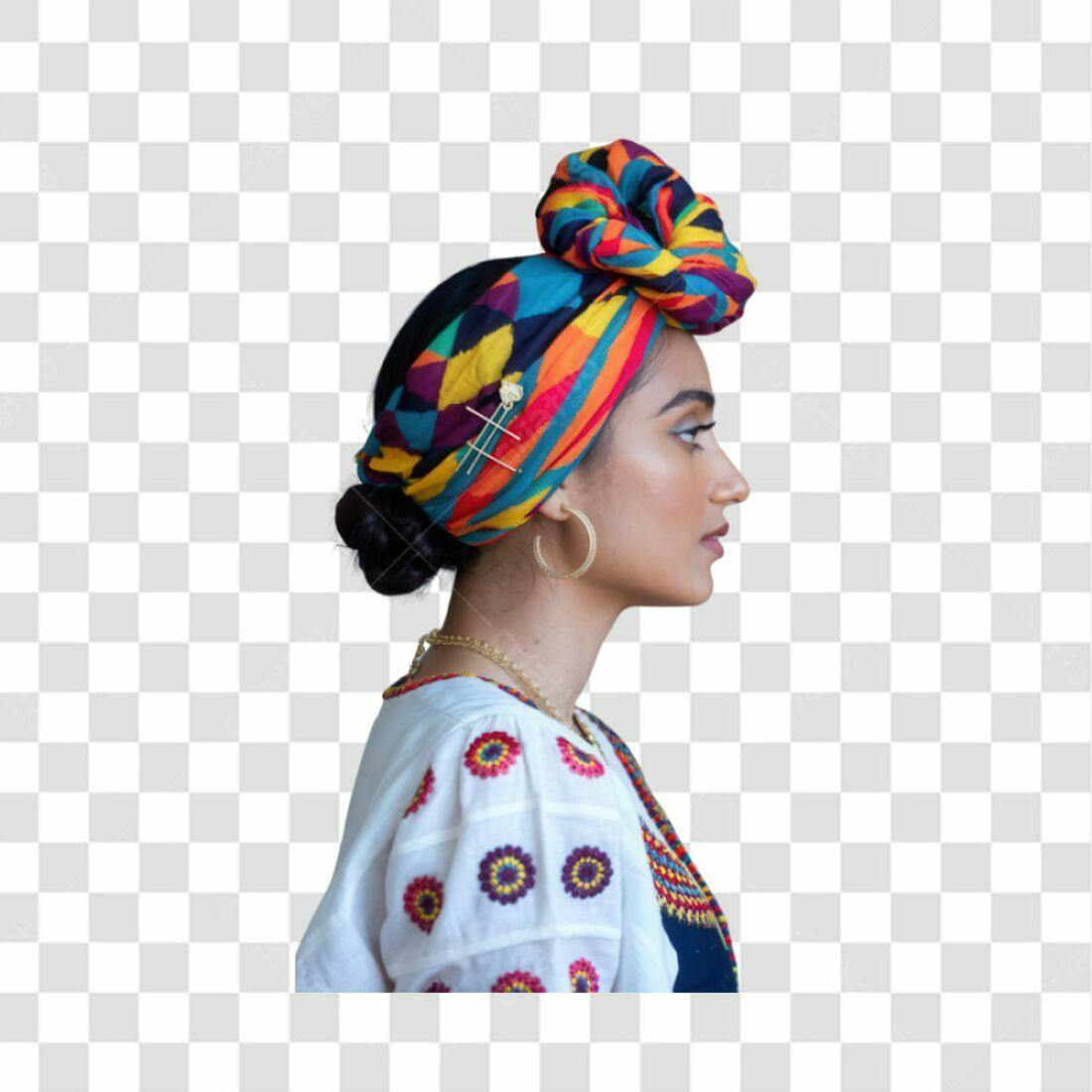 Imagem PNG Mulher com turbante colorido fundo transparente