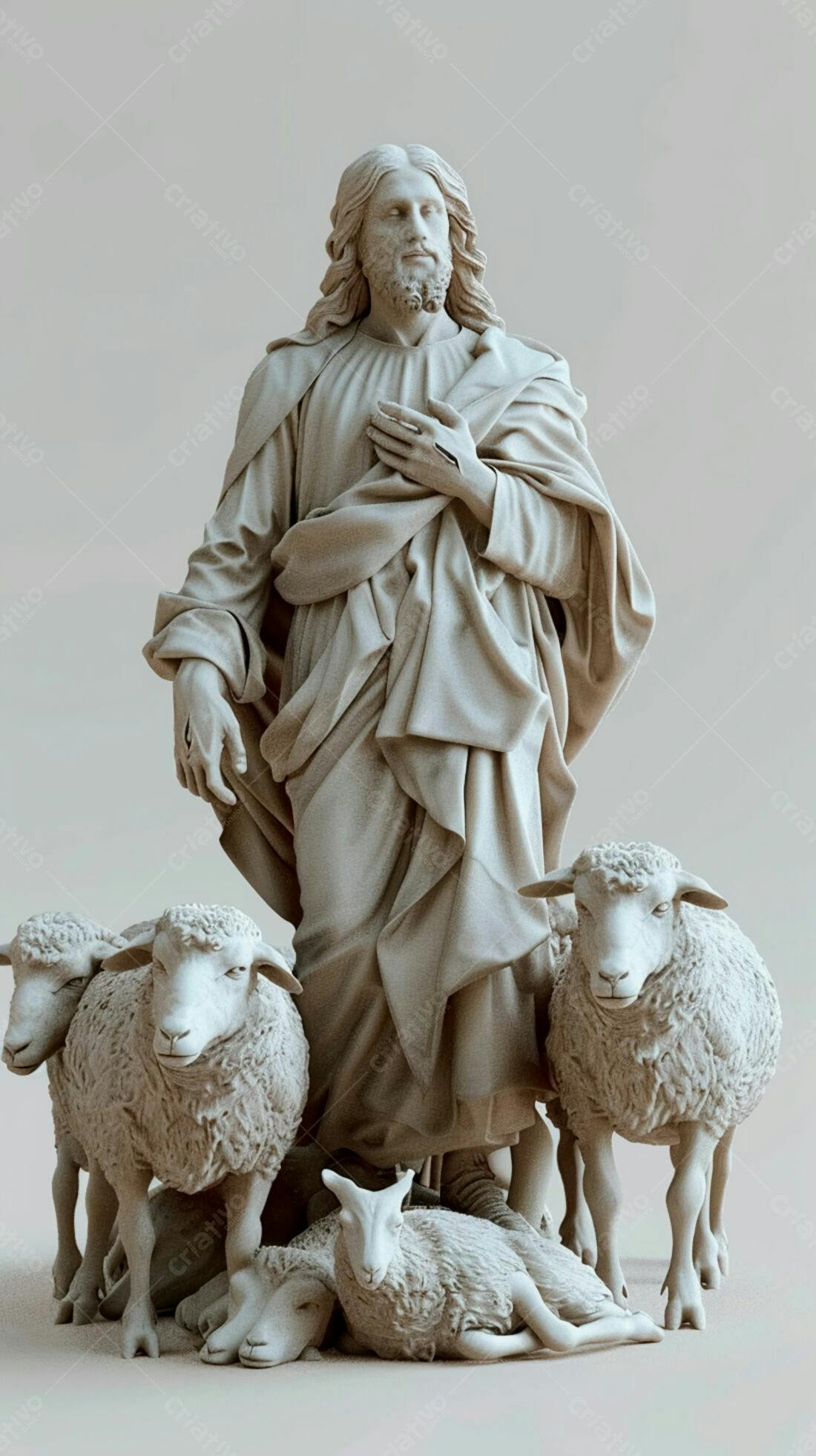 Estátua de Jesus com ovelhas esculpida em pedra