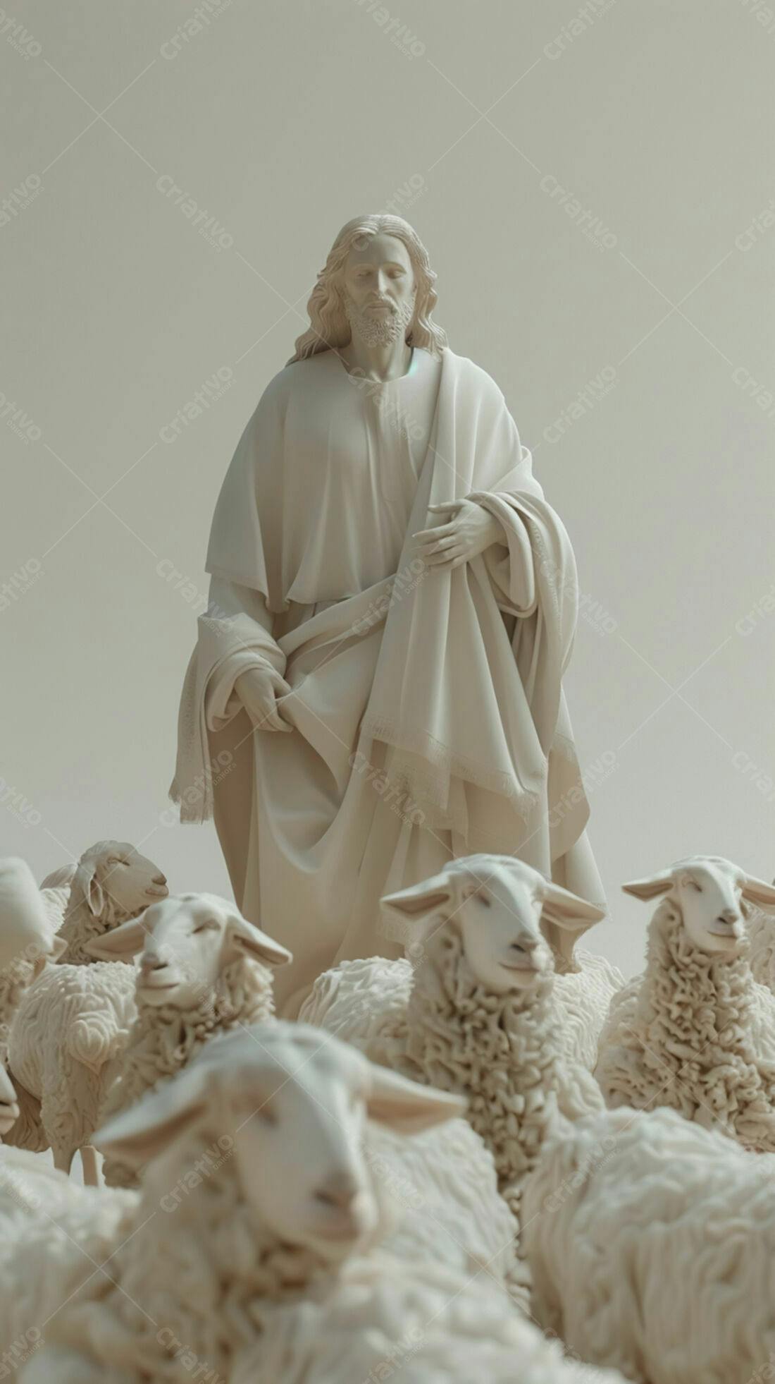 Jesus com ovelhas escultura branca