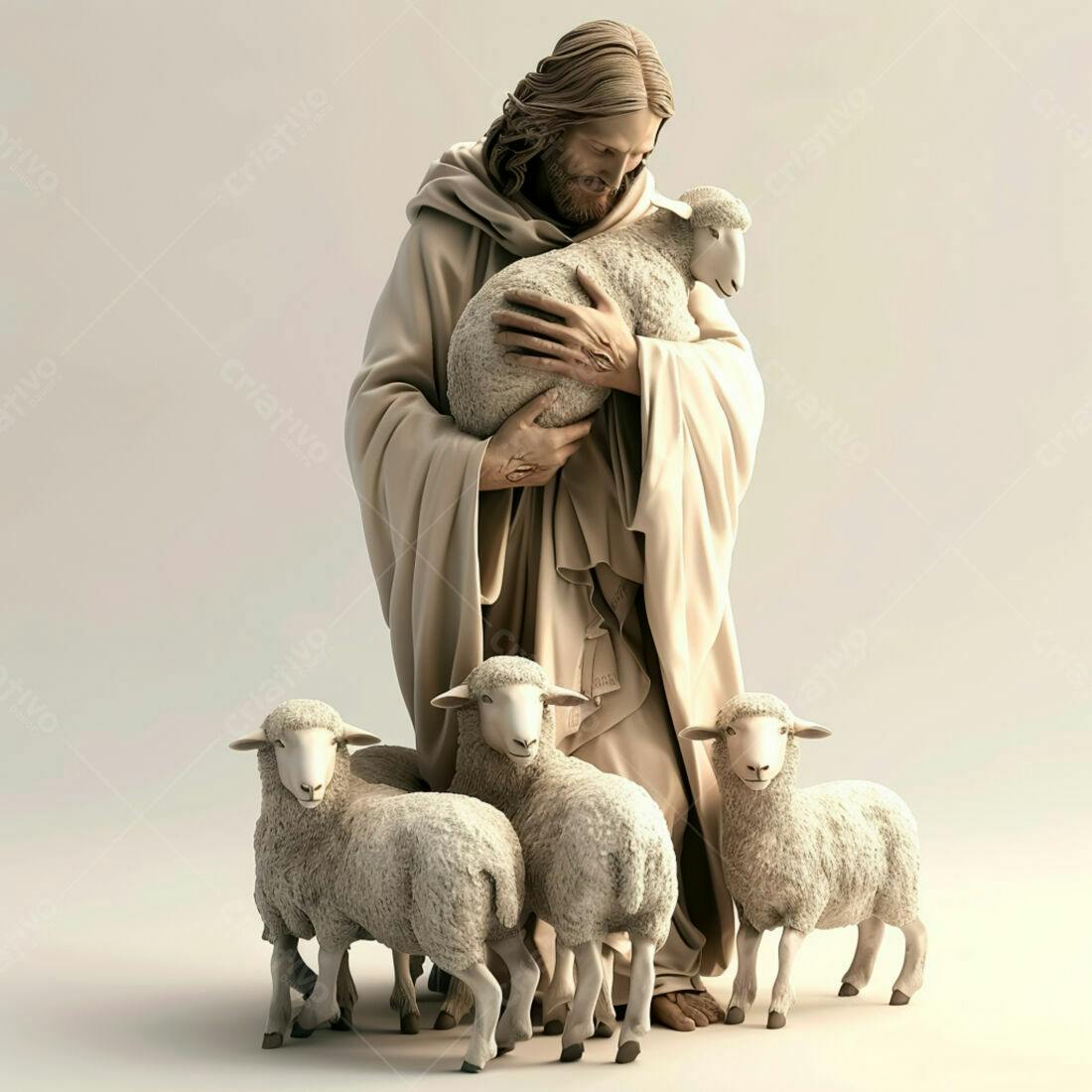 Jesus com cordeiros escultura tons bege