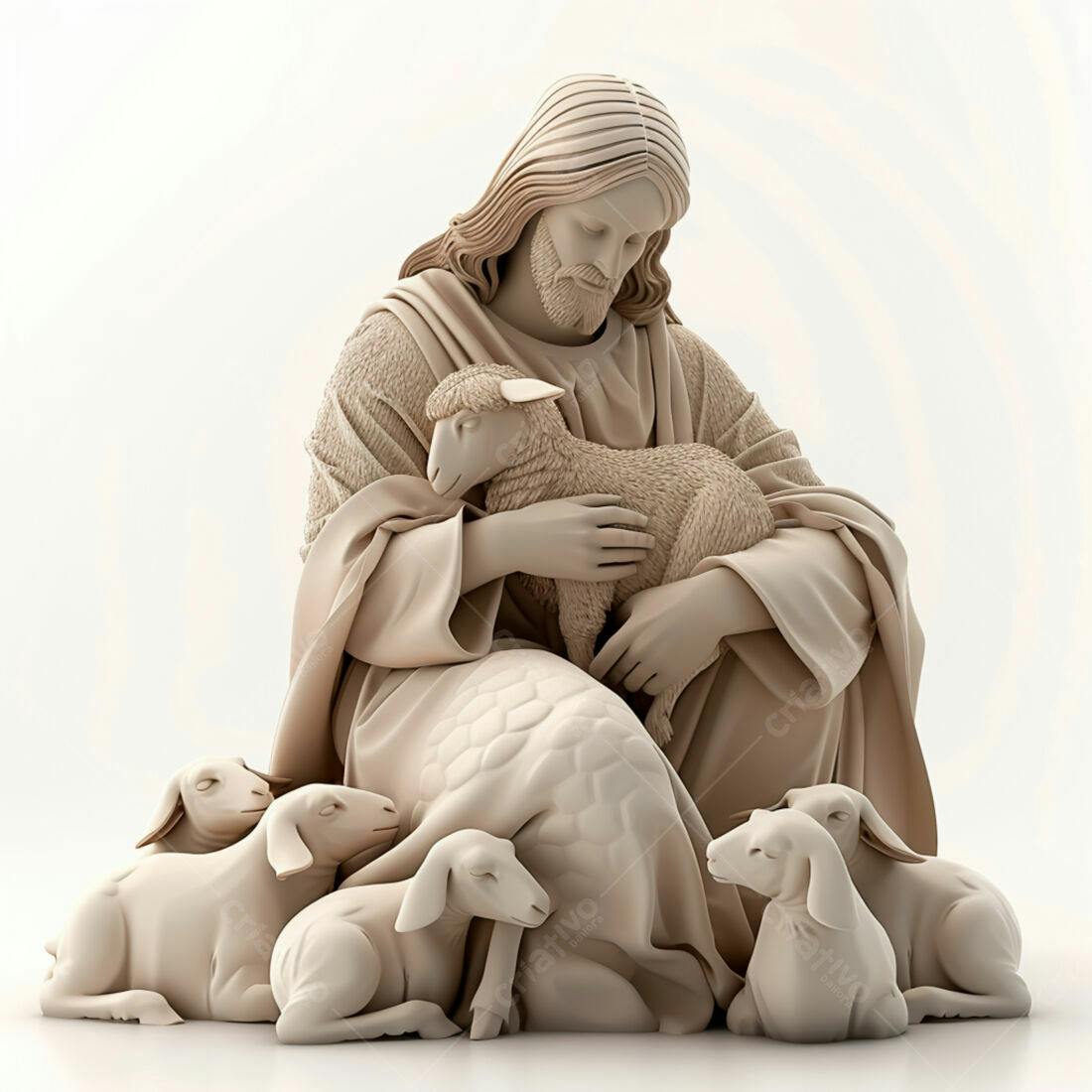 Jesus com cordeiros escultura tons bege