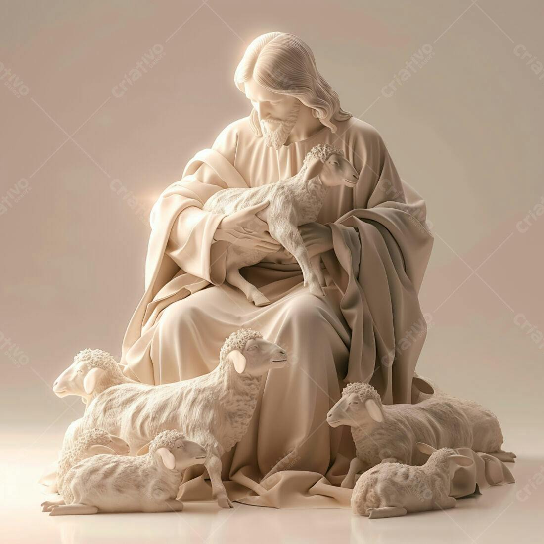 Jesus com cordeiros escultura em tons pastel