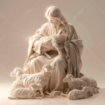 Imagem De Jesus Cristo 3D Com Um Rebanho De Ovelhas