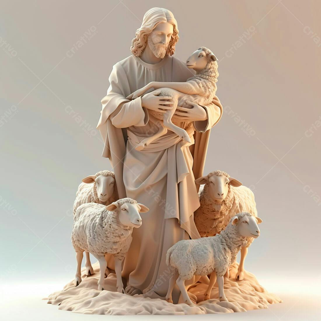 Jesus com cordeiro e ovelhas escultura religiosa