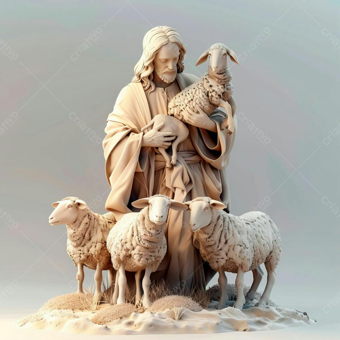 Jesus com ovelhas escultura bege