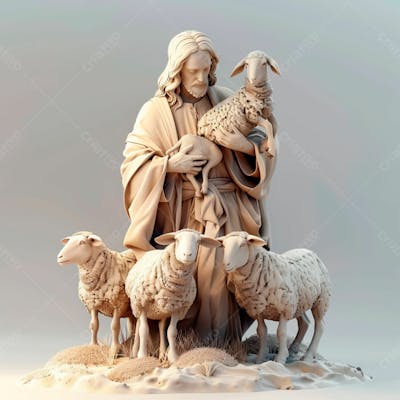 Imagem De Jesus Cristo 3D Com Um Rebanho De Ovelhas