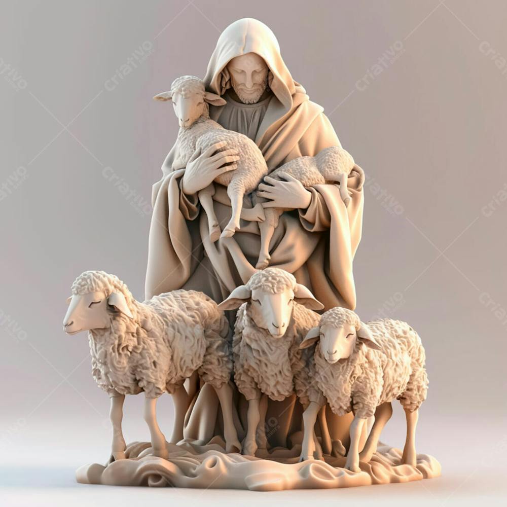 Imagem De Jesus Cristo 3D Com Um Rebanho De Ovelhas