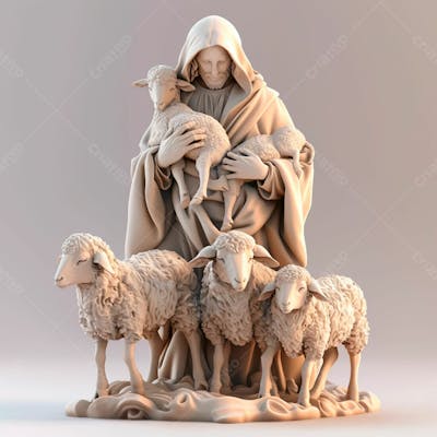 Imagem De Jesus Cristo 3D Com Um Rebanho De Ovelhas