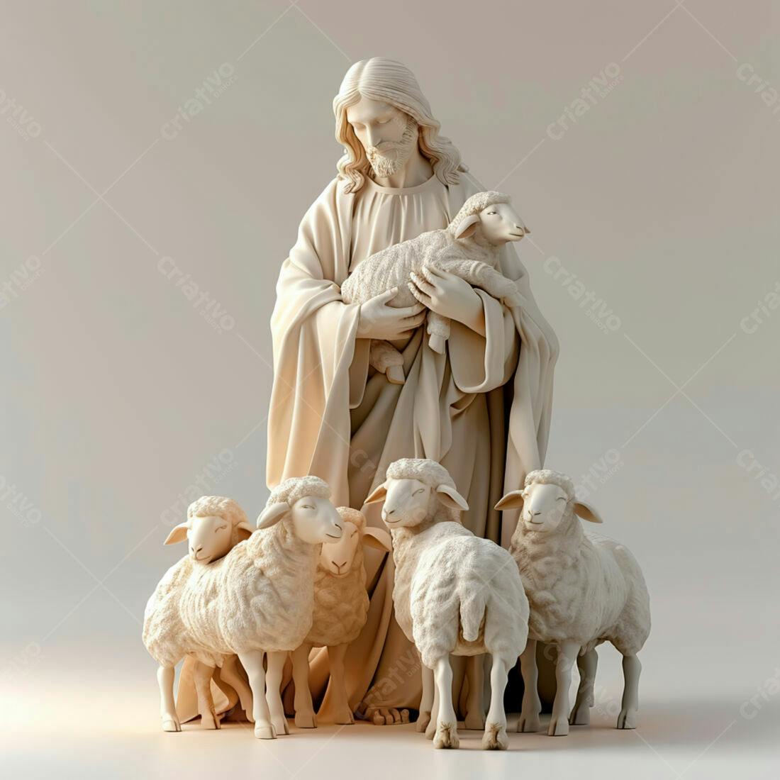 Jesus com cordeiro e ovelhas escultura