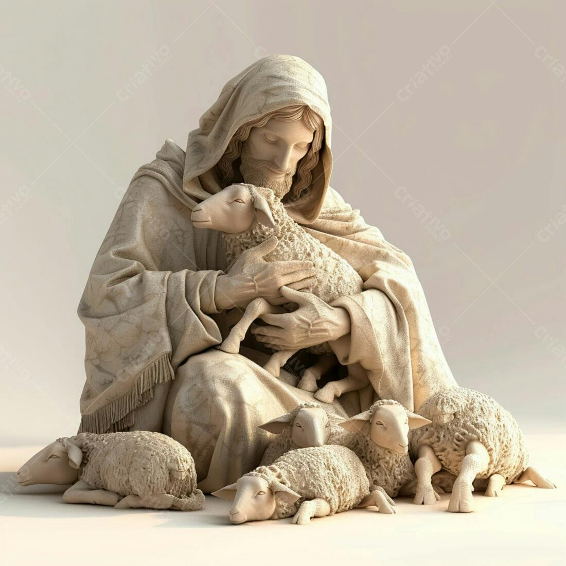 Jesus com cordeiros escultura bege
