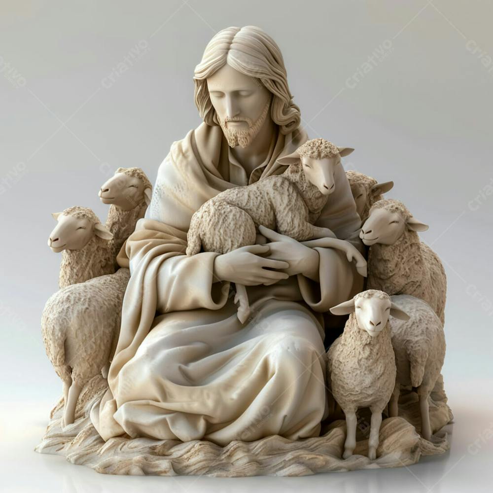 Imagem De Jesus Cristo 3D Com Um Rebanho De Ovelhas