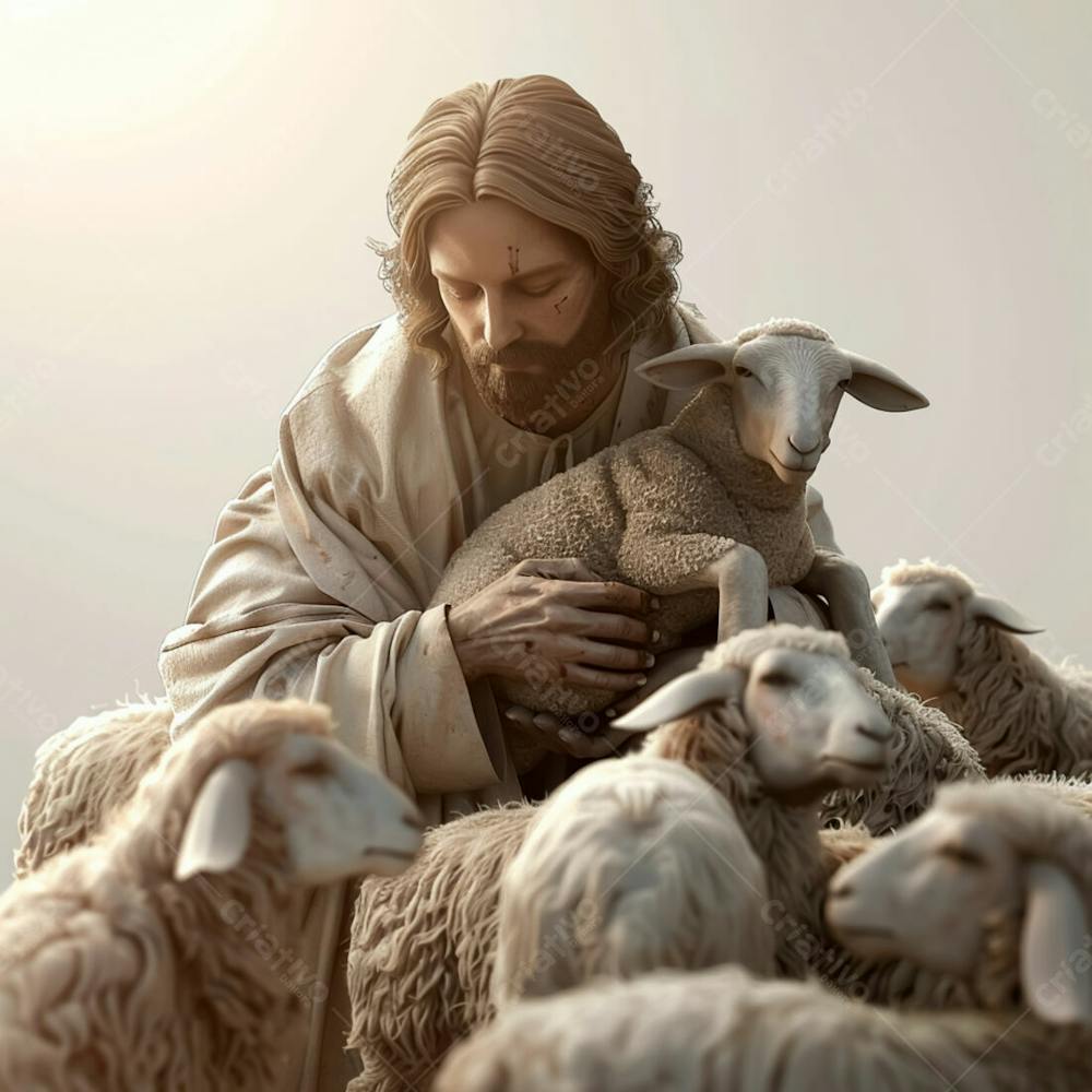 Imagem De Jesus Cristo 3D Com Um Rebanho De Ovelhas
