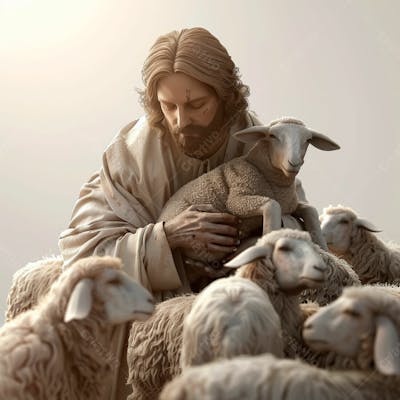 Imagem De Jesus Cristo 3D Com Um Rebanho De Ovelhas