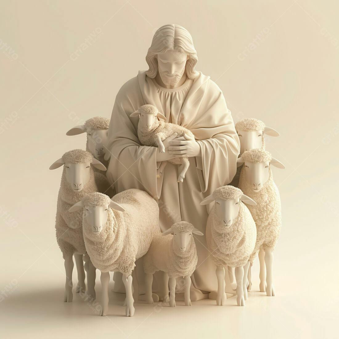 Jesus com cordeiros escultura tons creme