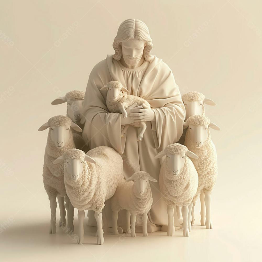 Imagem De Jesus Cristo 3D Com Um Rebanho De Ovelhas