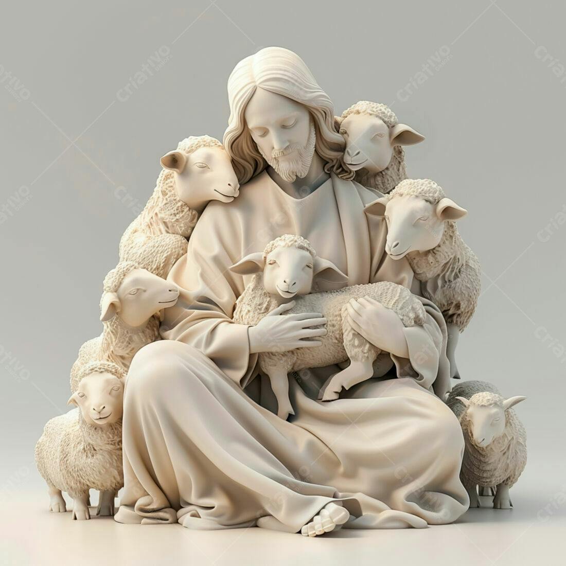 Jesus com cordeiros escultura em tons creme