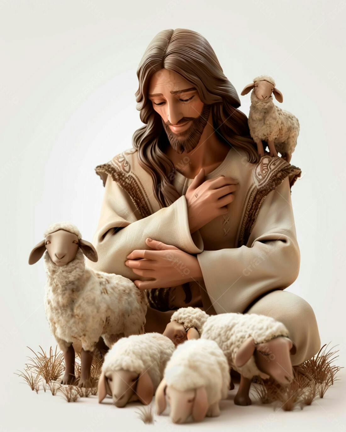 Jesus com ovelhas pastores tons areia