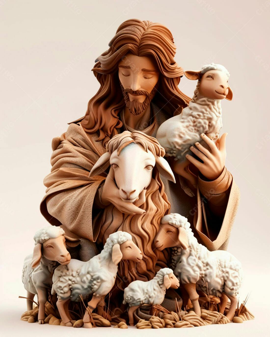 Jesus com ovelhas escultura tons terra