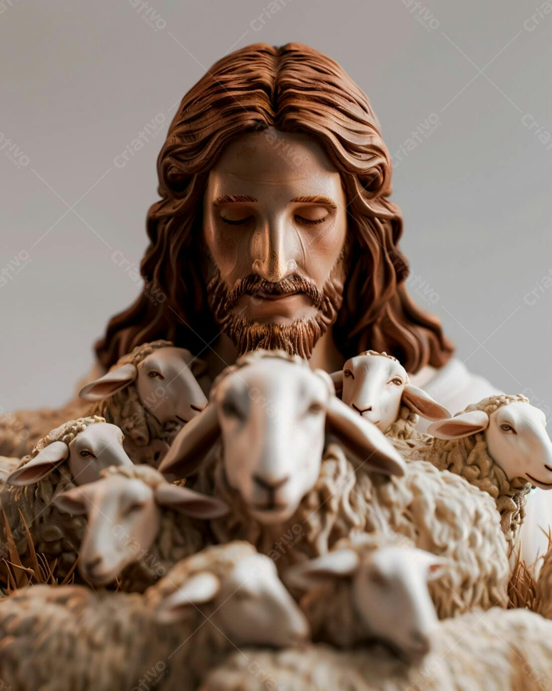 Jesus com ovelhas escultura marrom e branco
