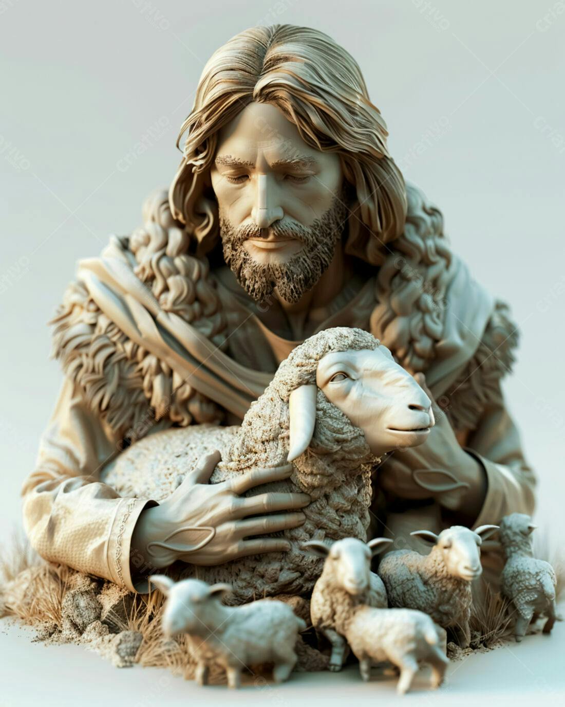 Jesus com ovelhas escultura tons bege
