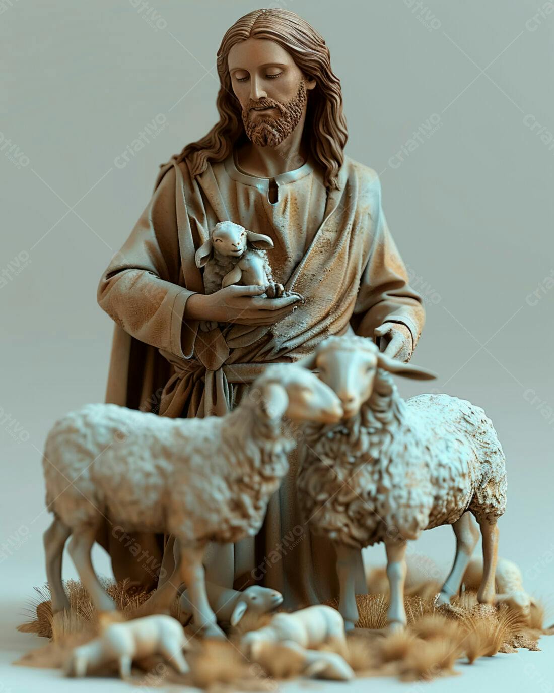 Jesus com cordeiros escultura religiosa tons bege