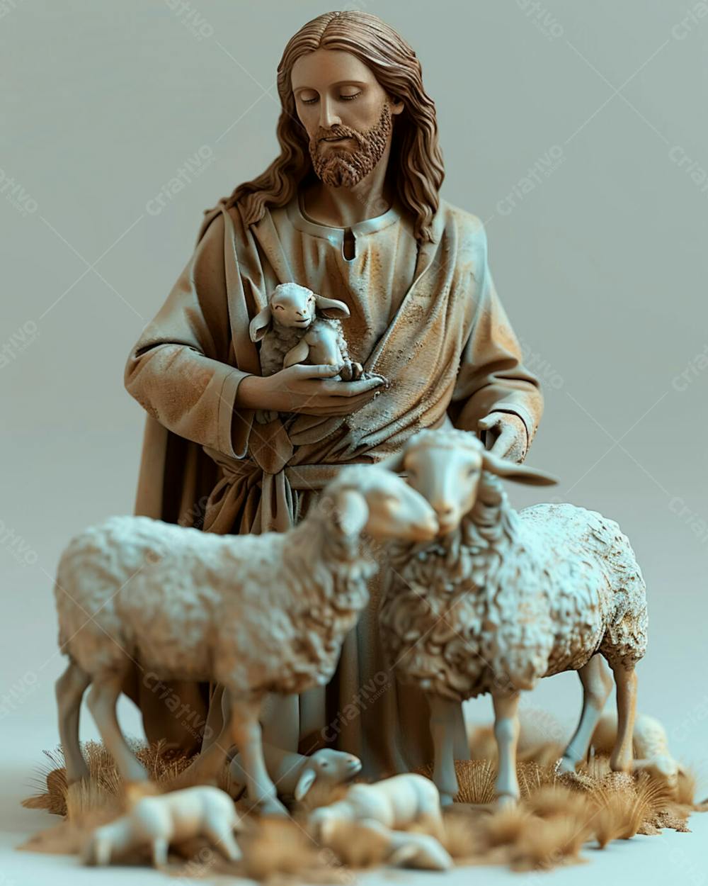 Imagem De Jesus Cristo 3D Com Um Rebanho De Ovelhas