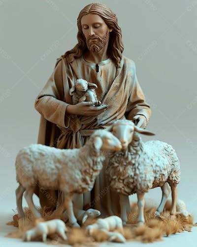 Imagem De Jesus Cristo 3D Com Um Rebanho De Ovelhas