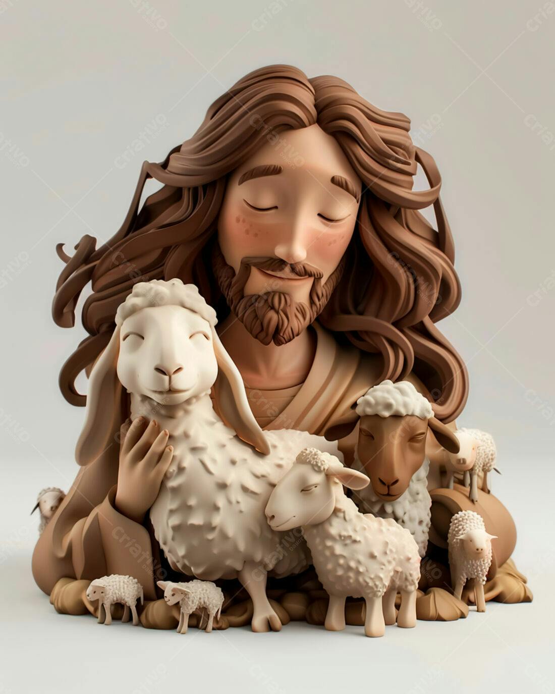 Jesus com cordeiros escultura marrom e bege