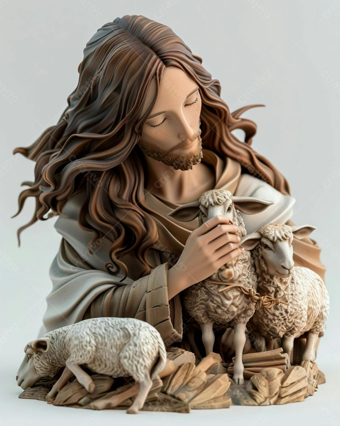 Jesus com cordeiros estátua resina tons marrons